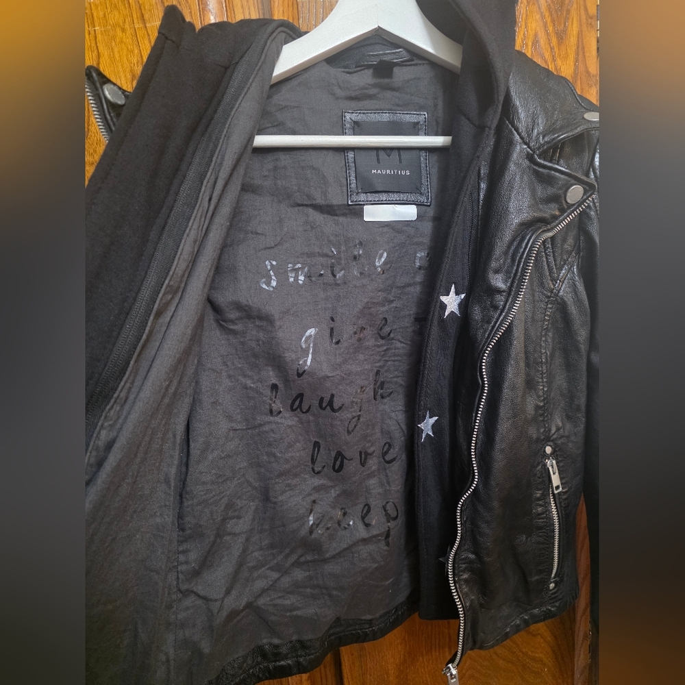 MAURITIUS DUFFI Moto Leather Jacket with Star Hoodie Size EUSmall/ US6 - Picture 11 of 16